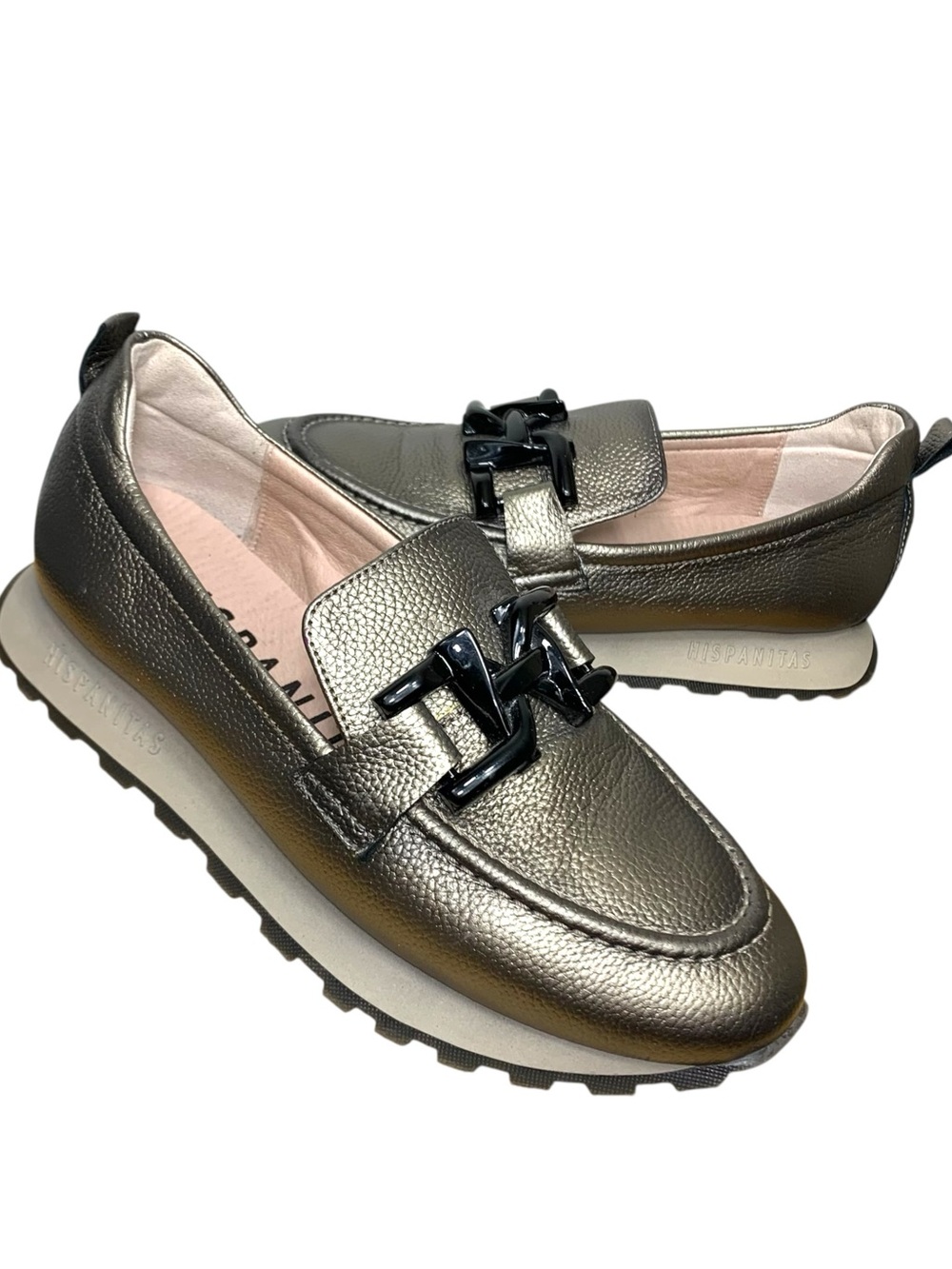 Hispanitas Metallic Brown Leather Loafer Sneakers Black Buckle Detail 38 Shoes